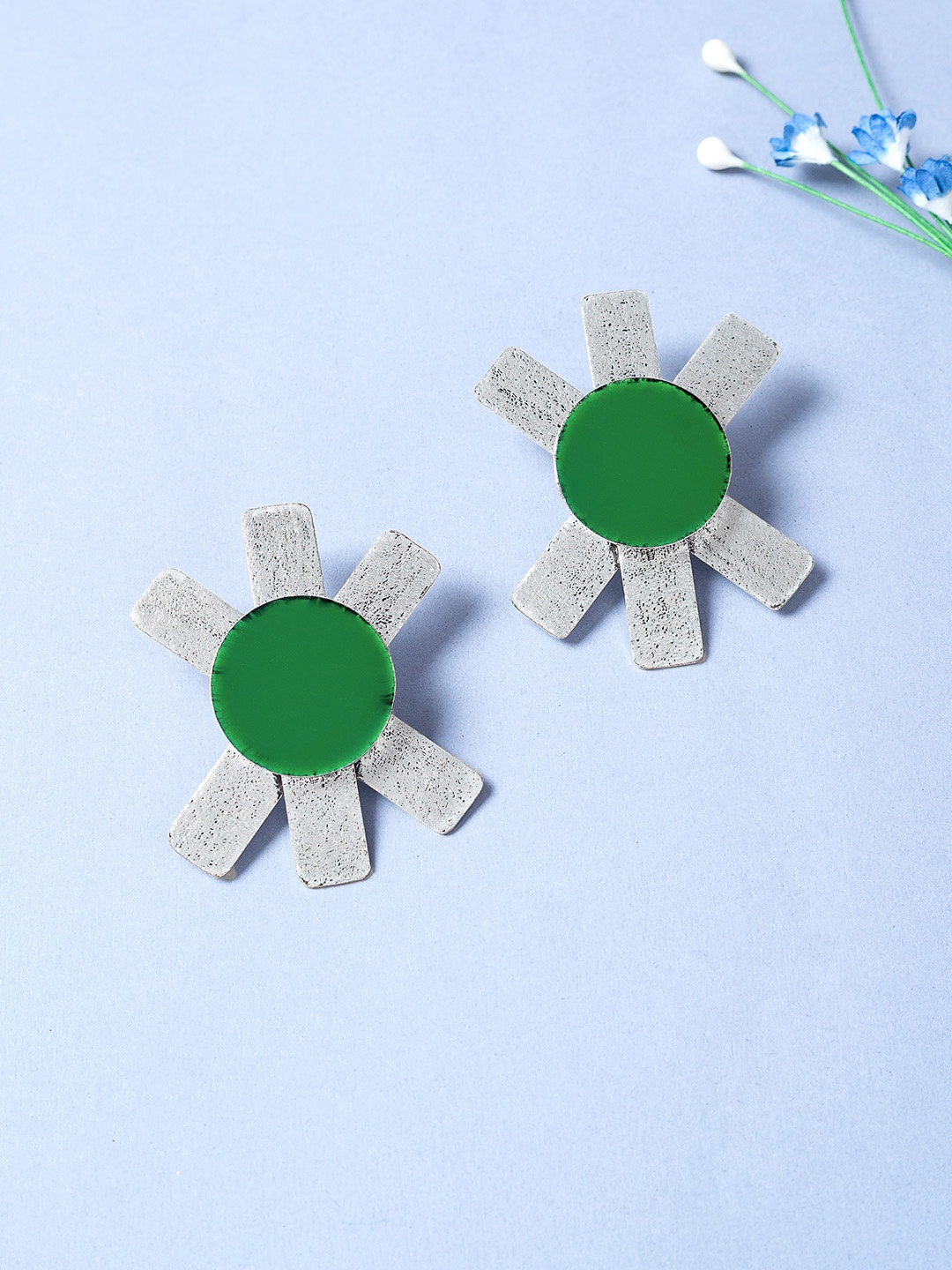 

Golden Peacock Silver-Toned & Green Handcrafted Geometric Drop Earrings