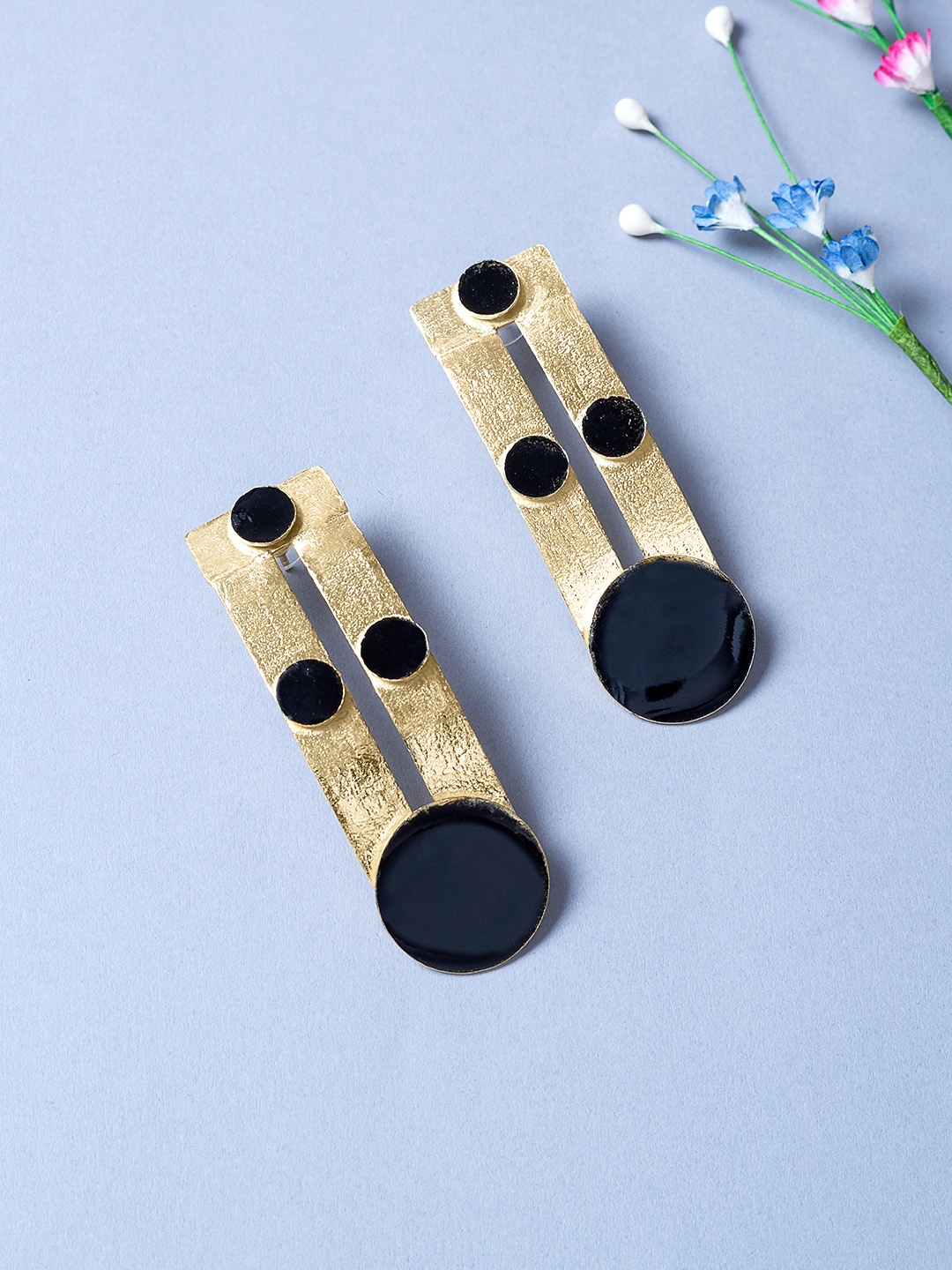 

Golden Peacock Gold-Toned & Black Handcrafted Geometric Drop Earrings