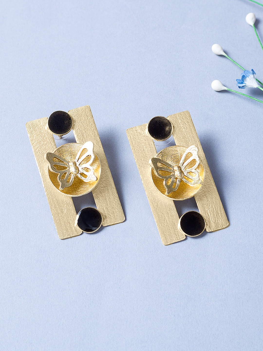 

Golden Peacock Gold-Toned & Black Handcrafted Enamelled Geometric Drop Earrings
