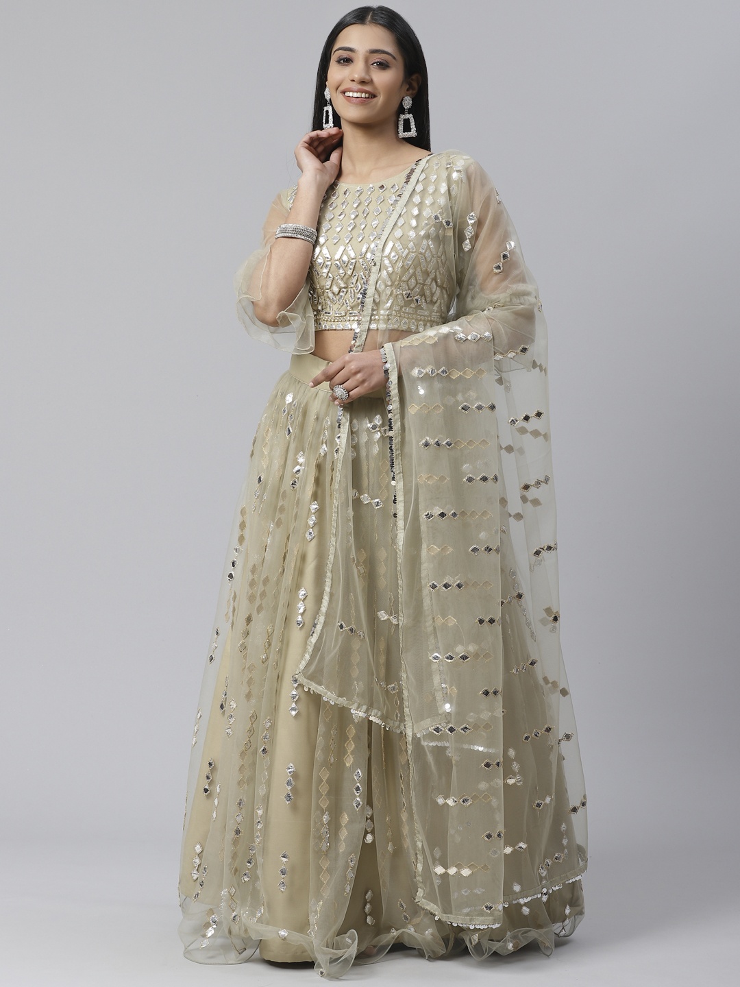 

SHOPGARB Sea Green & Silver Embellished Semi-Stitched Lehenga & Unstitched Blouse