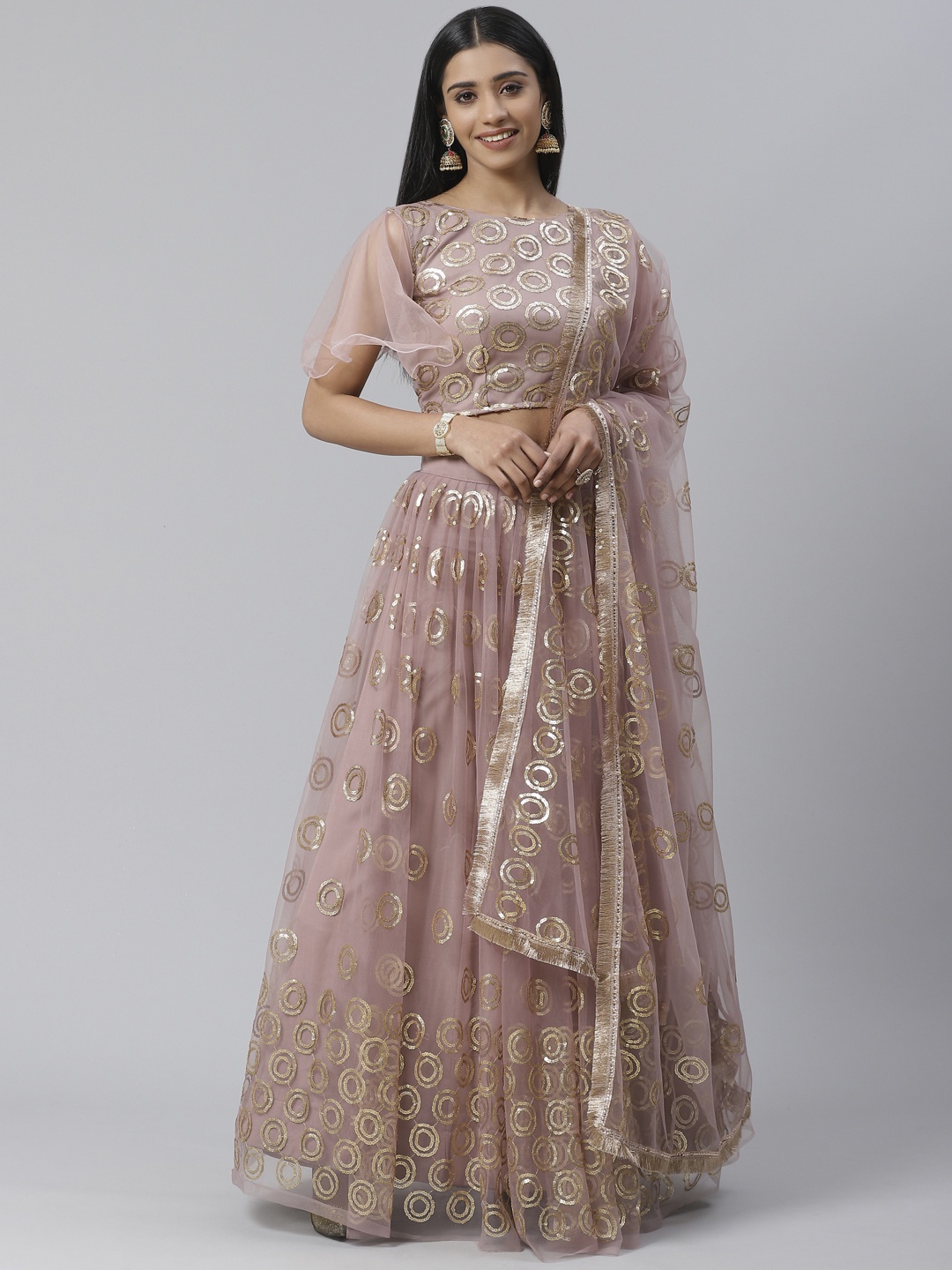 SHOPGARB Mauve & Golden Embellished Semi-Stitched Lehenga & Unstitched Blouse with Dupatta