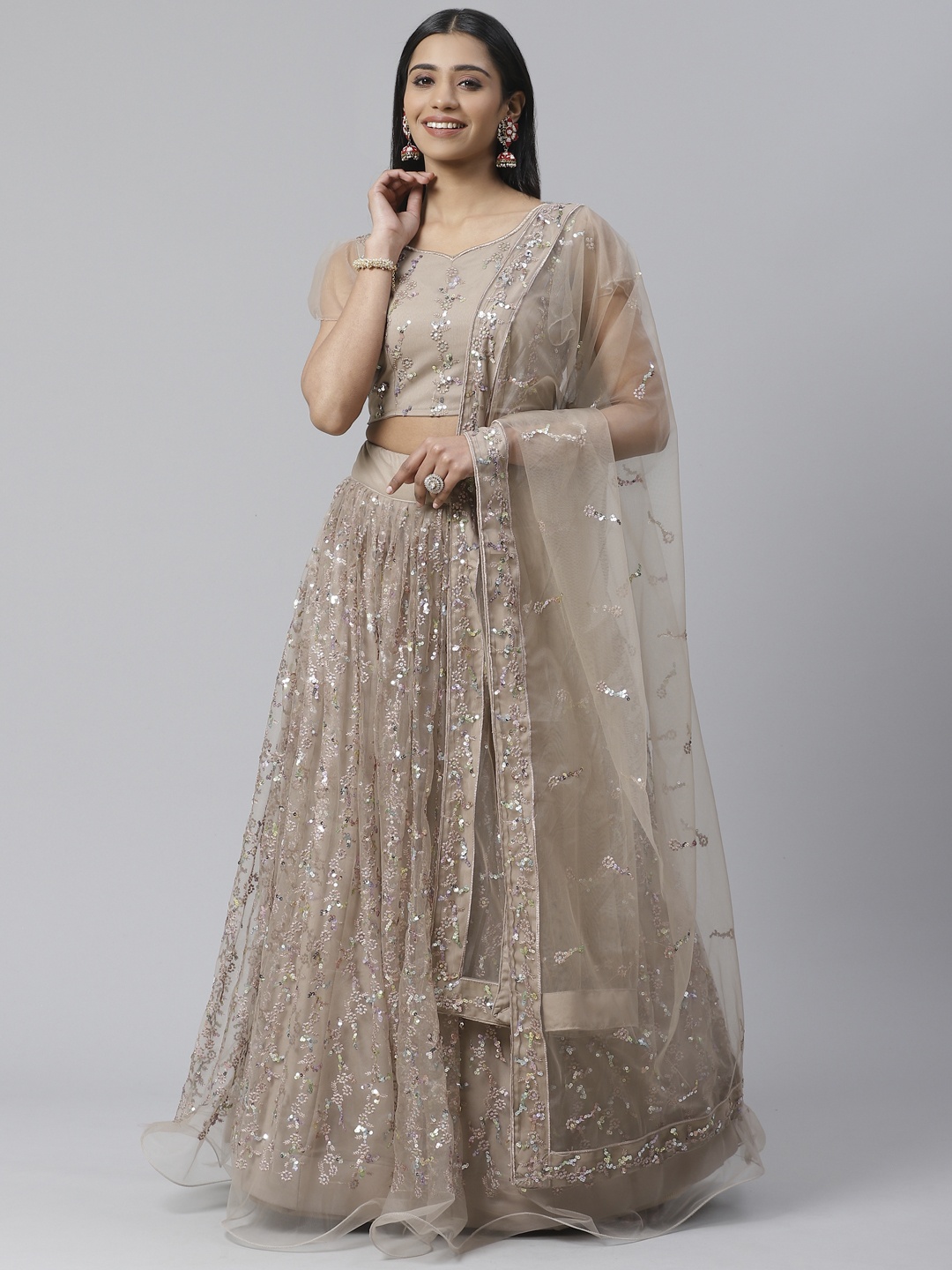 

SHOPGARB Taupe Sequinned Semi-Stitched Lehenga & Unstiched Blouse with Dupatta