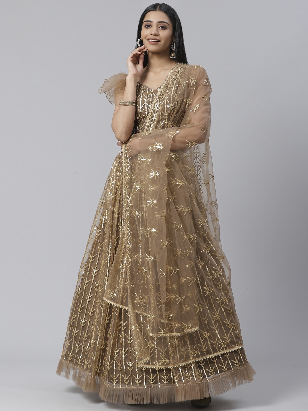

SHOPGARB Brown & Golden Sequinned Semi-Stitched Lehenga & Unstitched Blouse with Dupatta