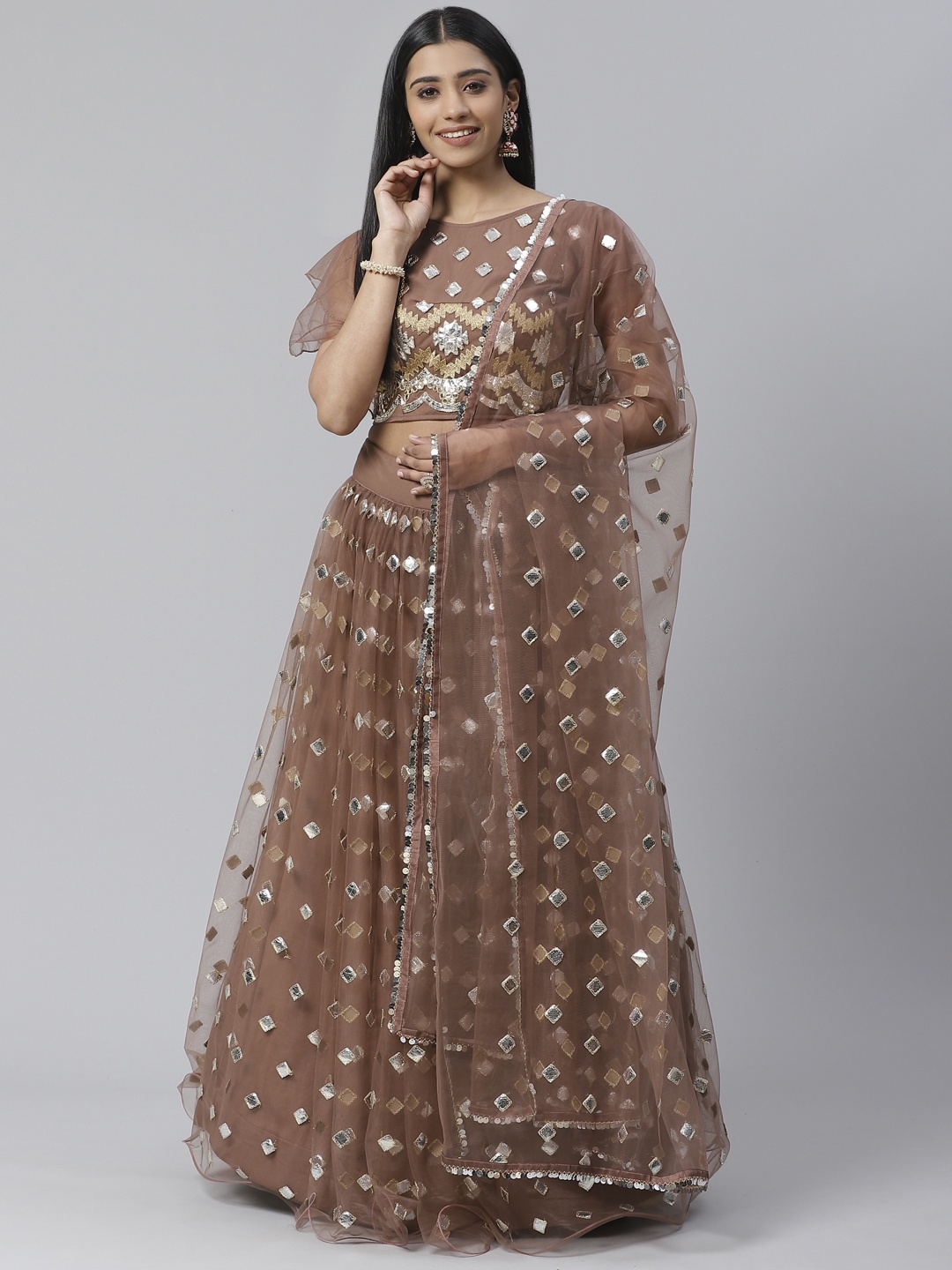 

SHOPGARB Brown & Silver Foil Zari Semi-Stitched Lehenga & Unstitched Blouse with Dupatta