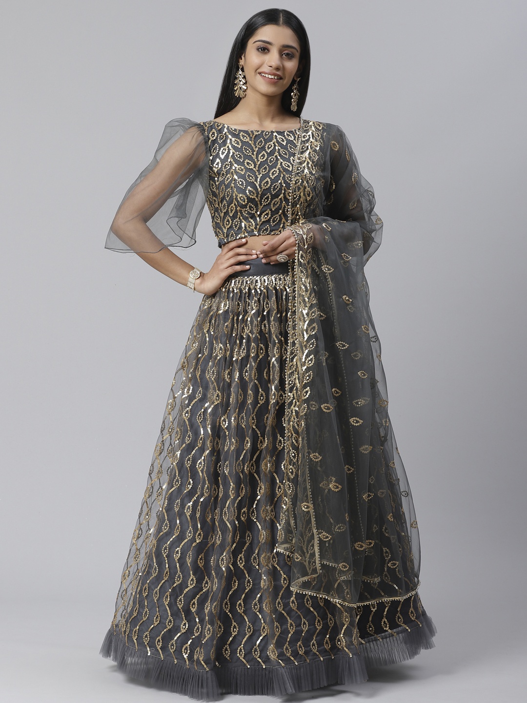 

SHOPGARB Charcoal Grey & Golden Embellished Semi-Stitched Lehenga & Unstitched Blouse