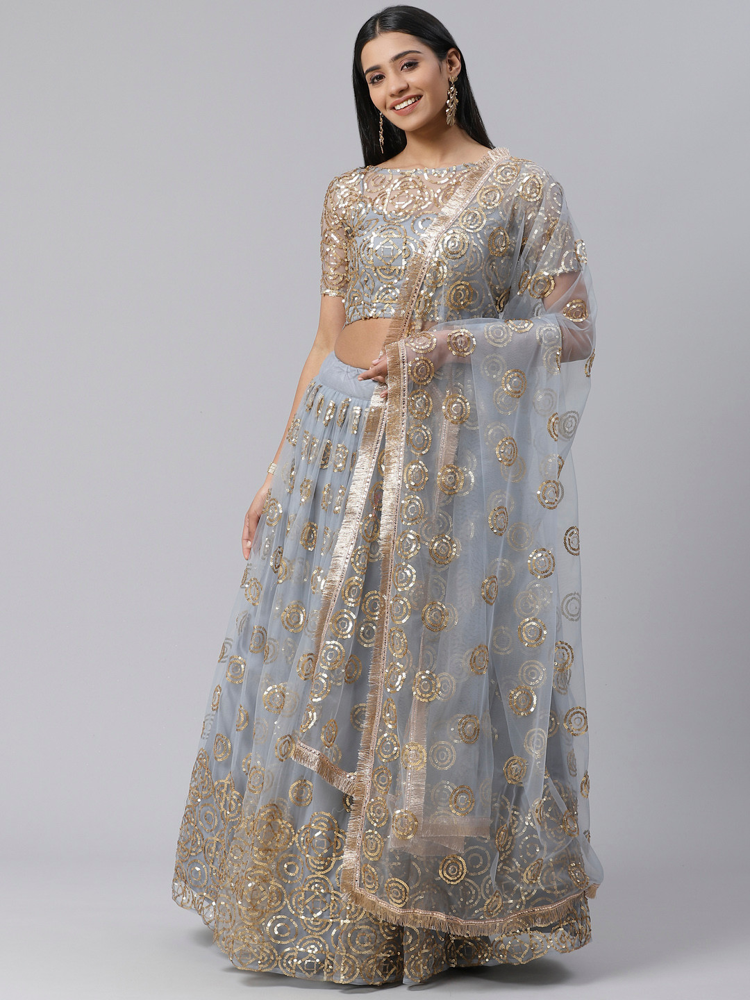 

SHOPGARB Grey & Golden Embellished Semi-Stitched Lehenga & Unstitched Blouse with Dupatta