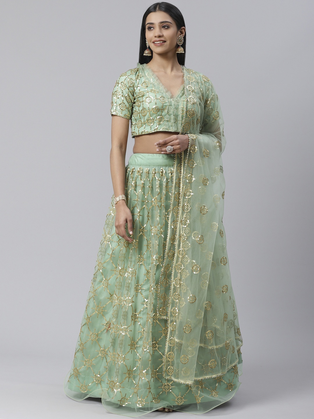 

SHOPGARB Sea Green & Golden Sequin Semi-Stitched Lehenga & Unstitched Blouse with Dupatta