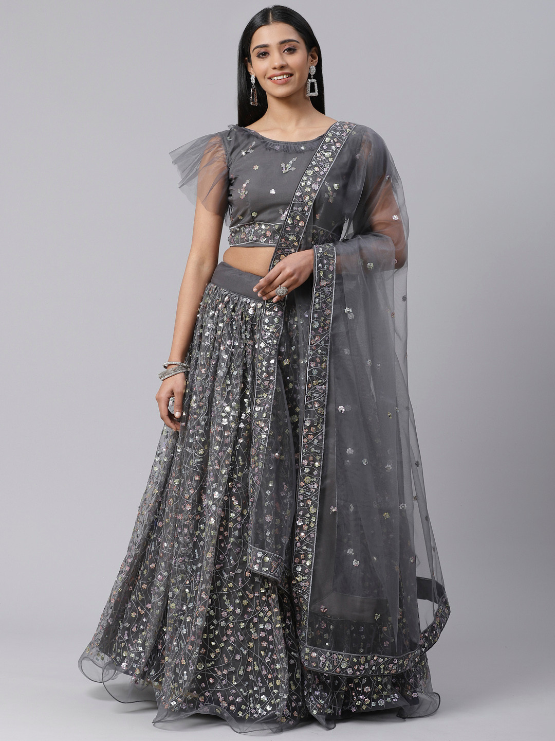 

SHOPGARB Charcoal Grey & Golden Embellished Semi-Stitched Lehenga & Unstitched Blouse