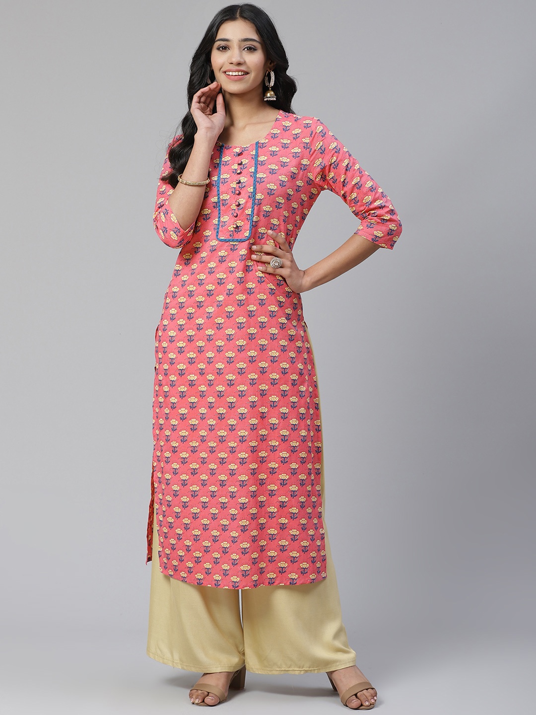 

Sringam Women Pink & Yellow Printed Straight Kurta