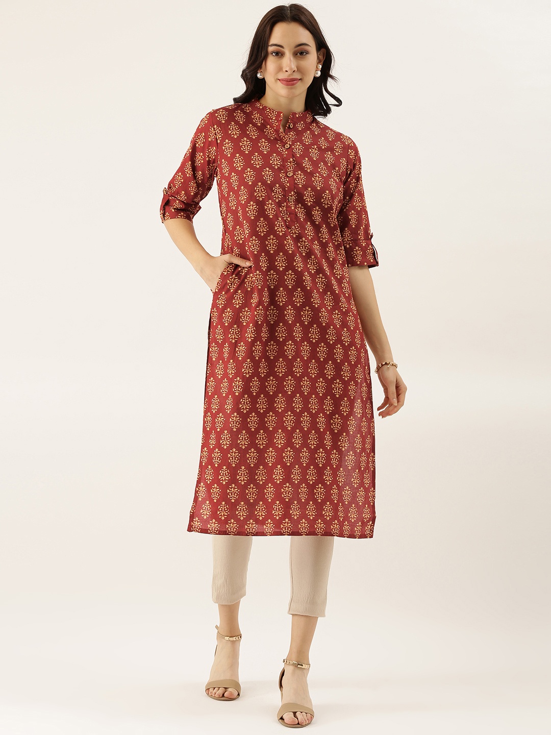 

Divena Women Maroon Ethnic Motifs Printed Roll-Up Sleeves Kurta