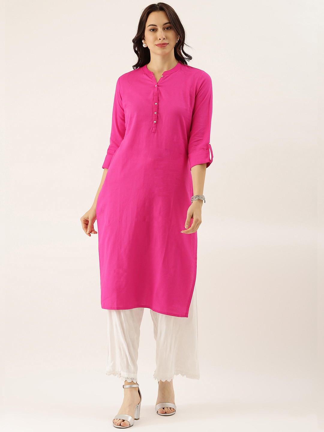 

Divena Women Pink Solid Mandarin Collar Roll-Up Sleeve Kurta