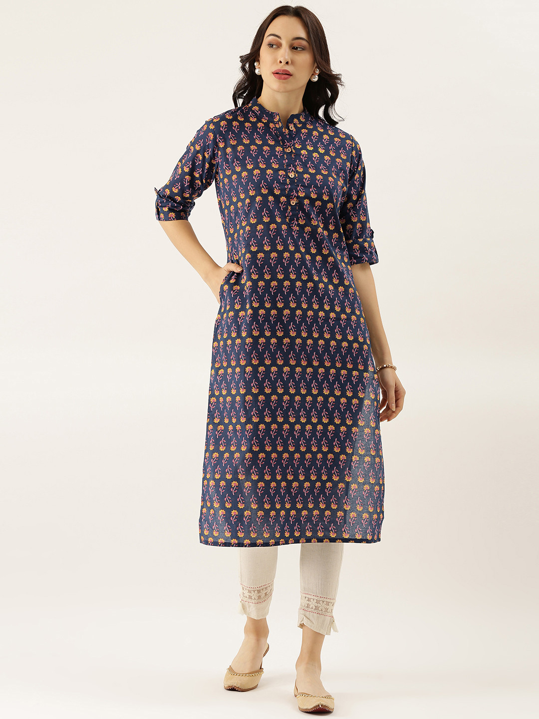 

Divena Women Navy Blue Ethnic Motifs Printed Roll-Up Sleeves Kurta