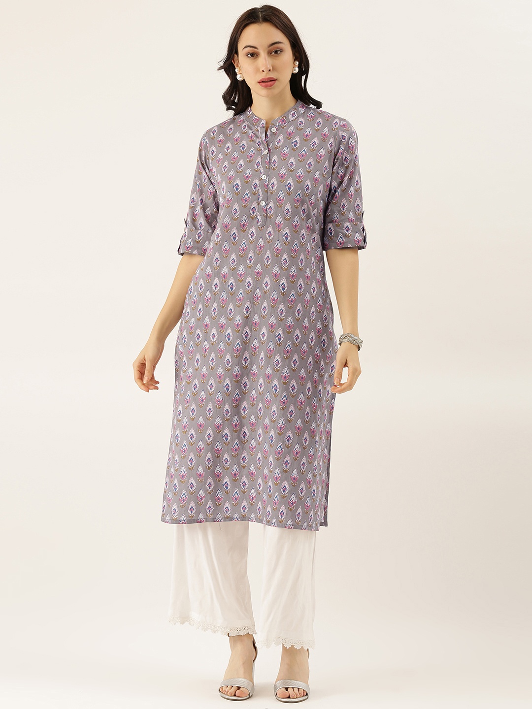 

Divena Women Grey Ethnic Motifs Printed Roll-Up Sleeves Kurta