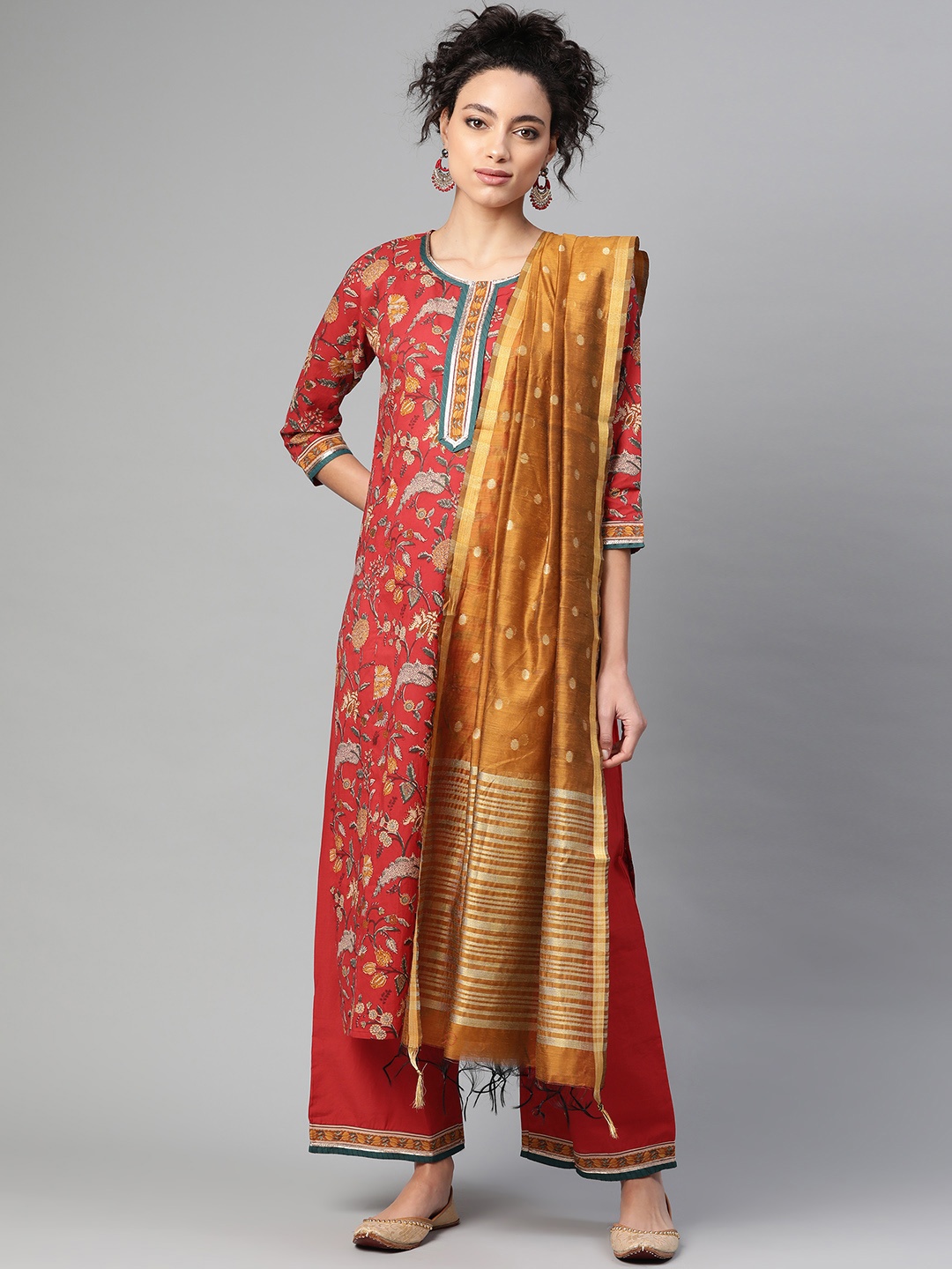 

Indo Era Women Red & Mustard Yellow Printed Kurta with Palazzos & Dupatta