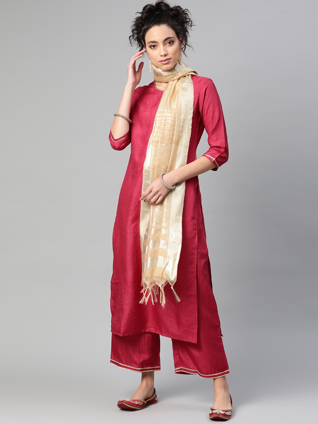 

Indo Era Women Pink & Beige Solid Kurta with Palazzos & Dupatta