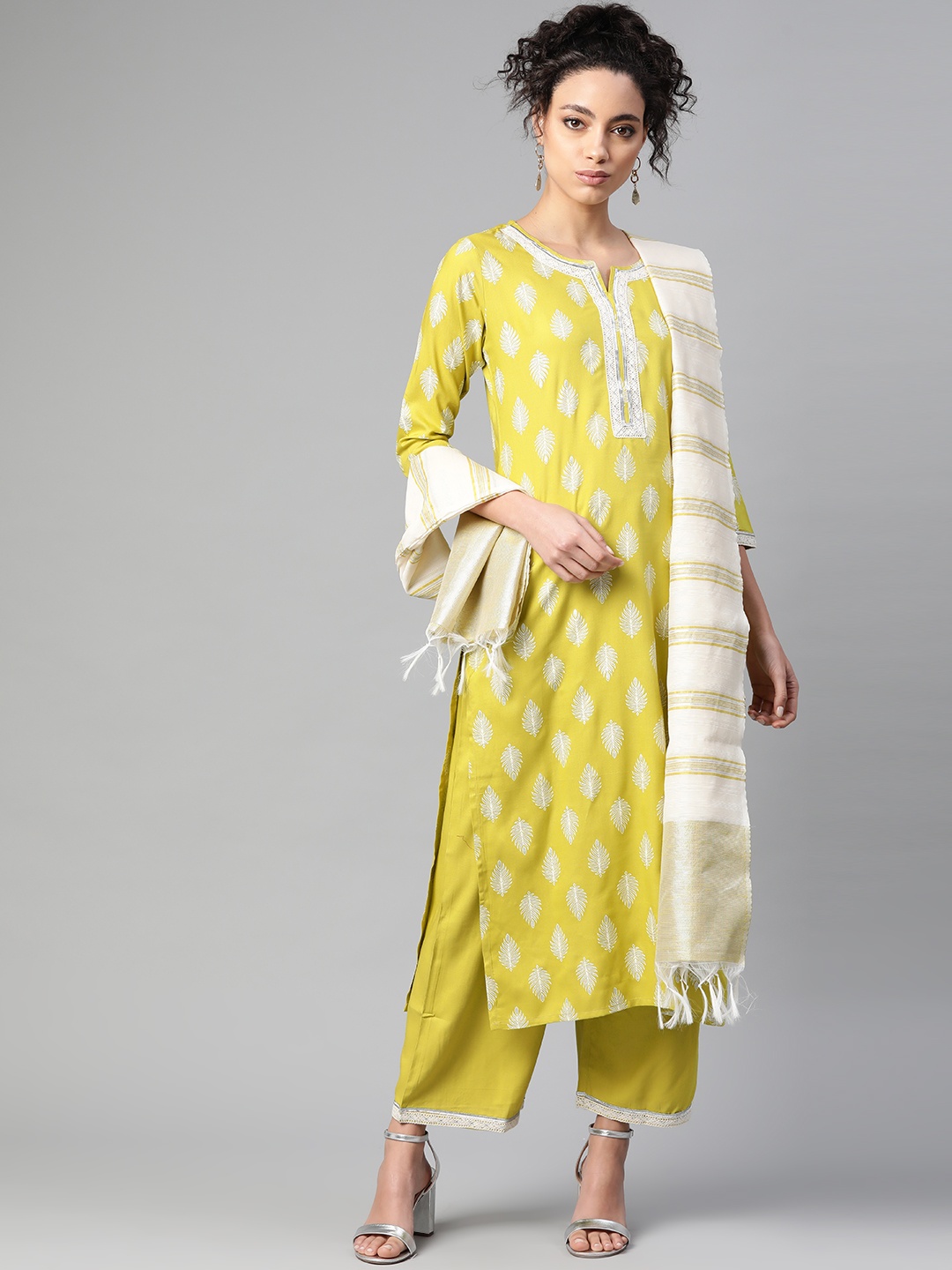 

Indo Era Women Lime Green & Off-White Foil Print Kurta with Palazzos & Dupatta