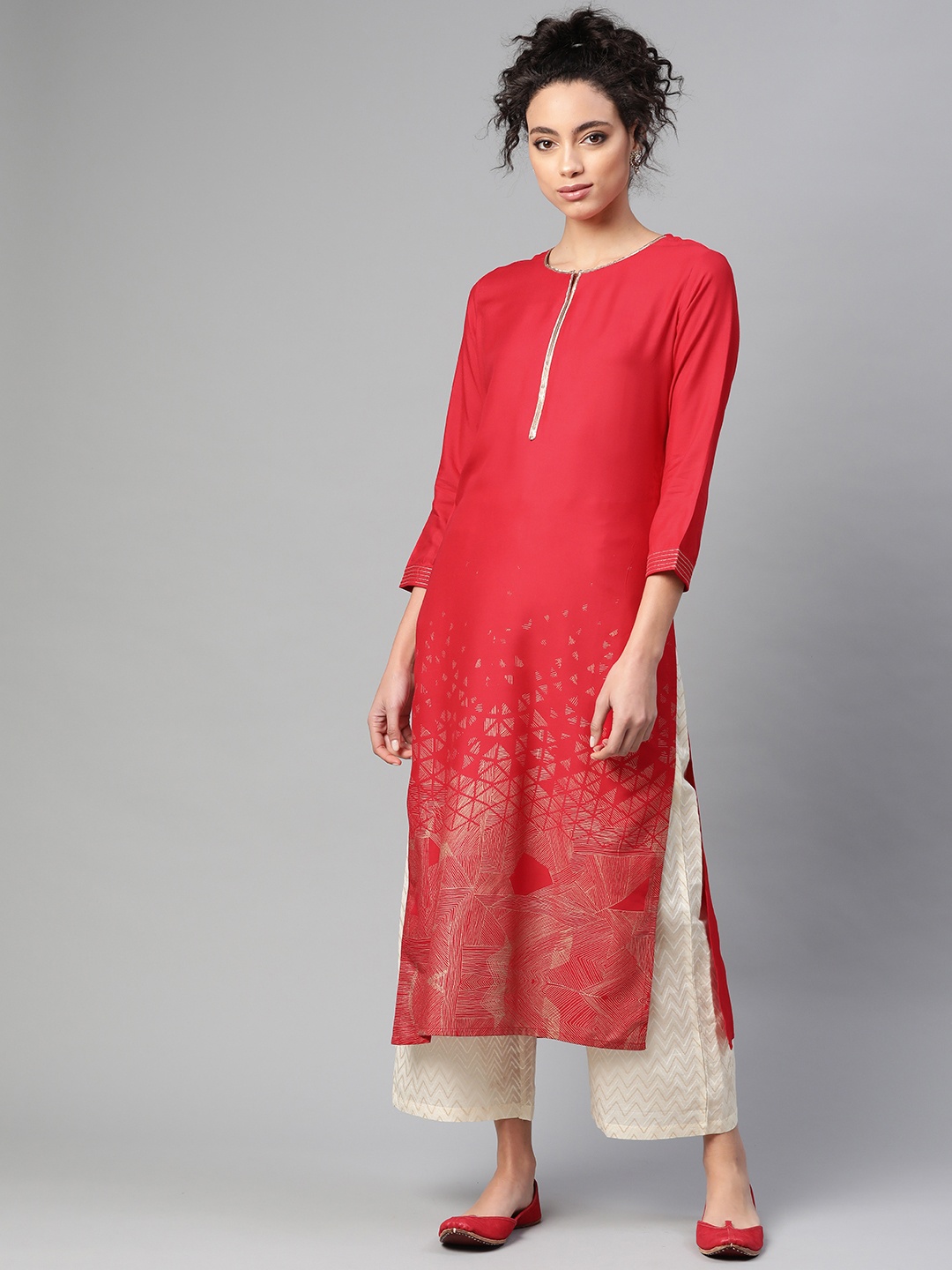 

Indo Era Women Red & Golden Foil Print Straight Kurta