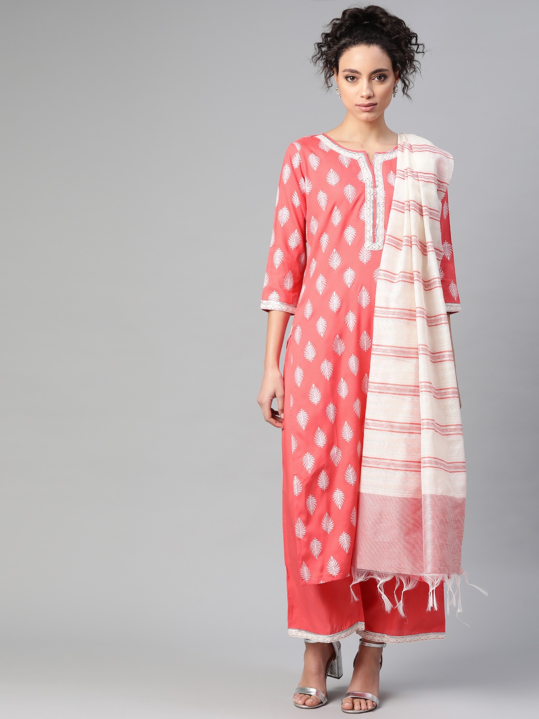 

Indo Era Women Coral Pink & Off-White Foil Print Kurta with Palazzos & Dupatta