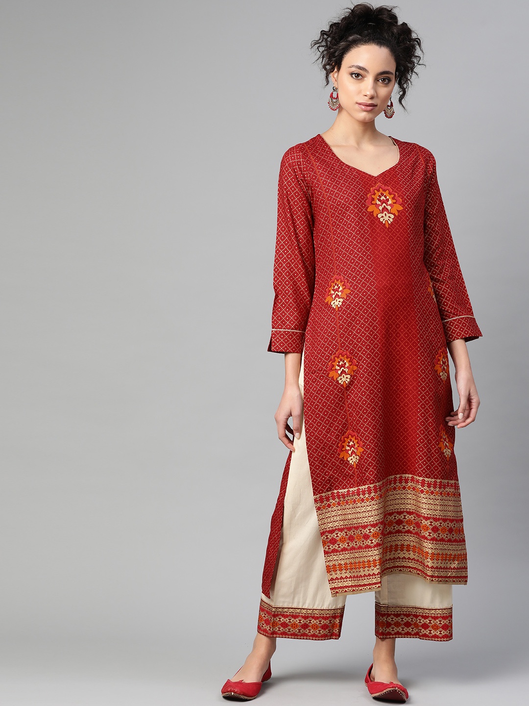 

Indo Era Women Maroon & Off-White Foil Print Kurta with Palazzos