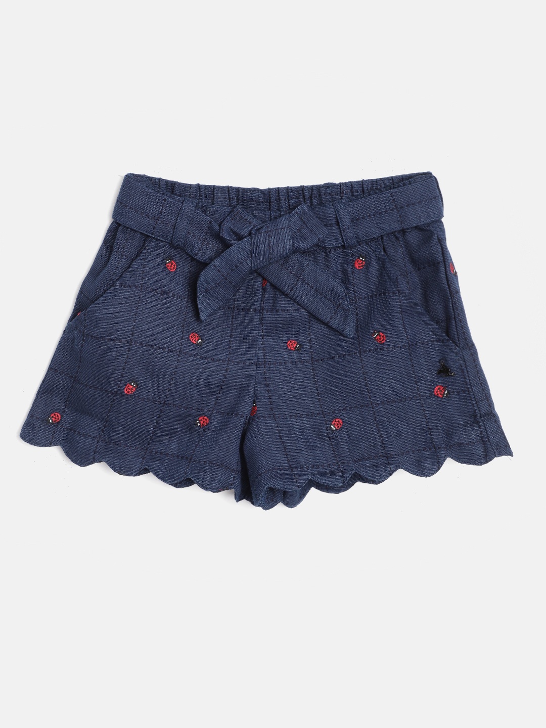 

Cherry Crumble Girls Navy Blue Self-Checked Regular Fit Cotton Shorts with Belt