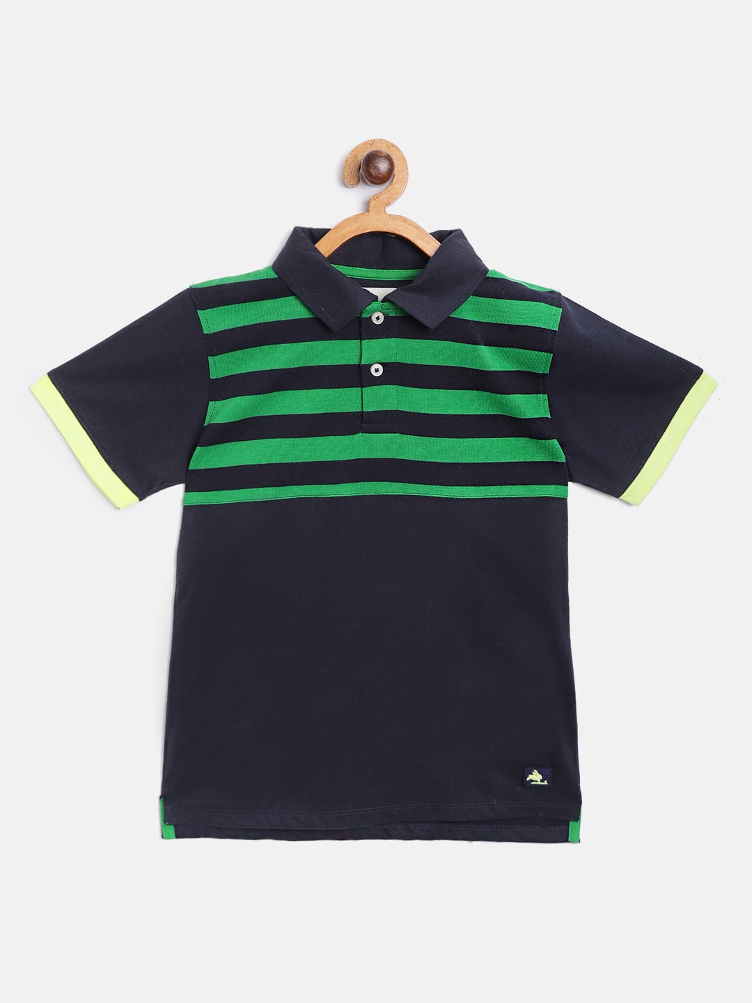 

Cherry Crumble Boys Navy Blue & Green Striped Detail Polo Collar T-shirt