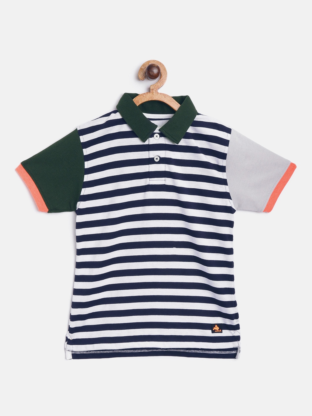 

Cherry Crumble Boys White & Navy Blue Striped Polo Collar T-shirt