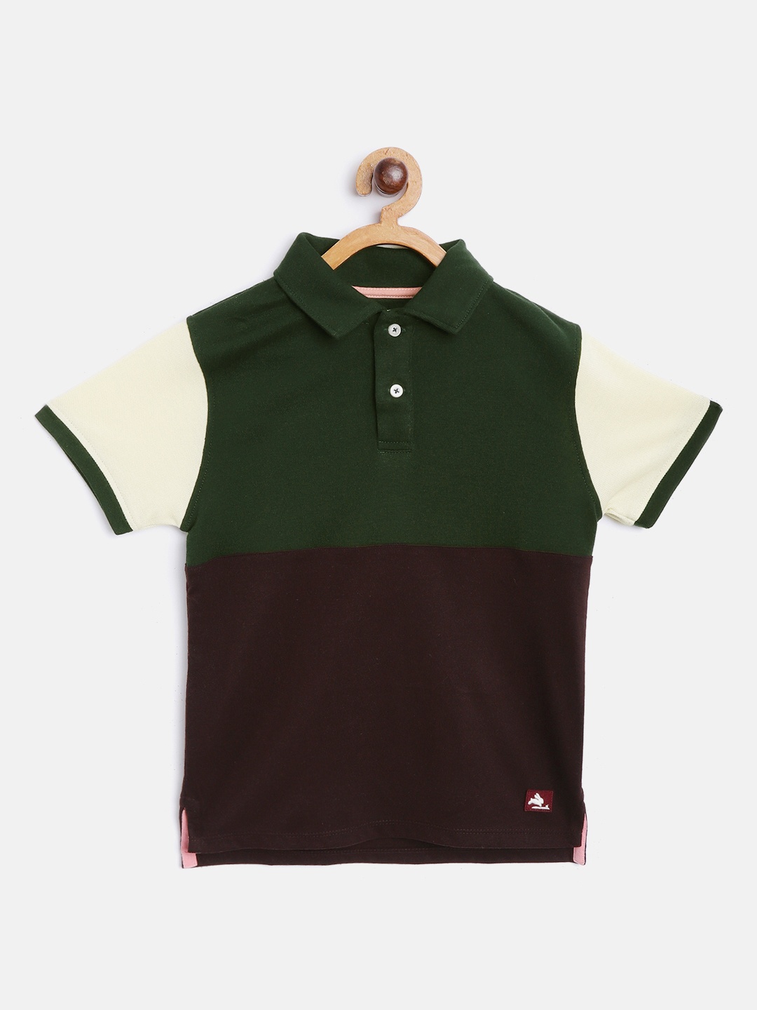 

Cherry Crumble Boys Olive Green & Coffee Brown Colourblocked Polo Collar T-shirt