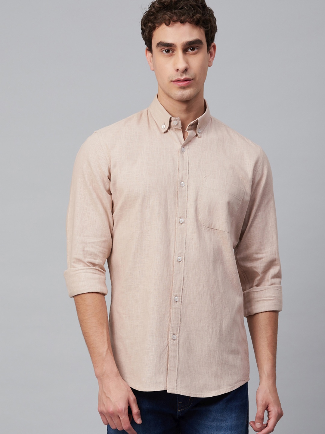 

DENNISON Men Beige Smart Slim Fit Solid Cotton Linen Casual Shirt