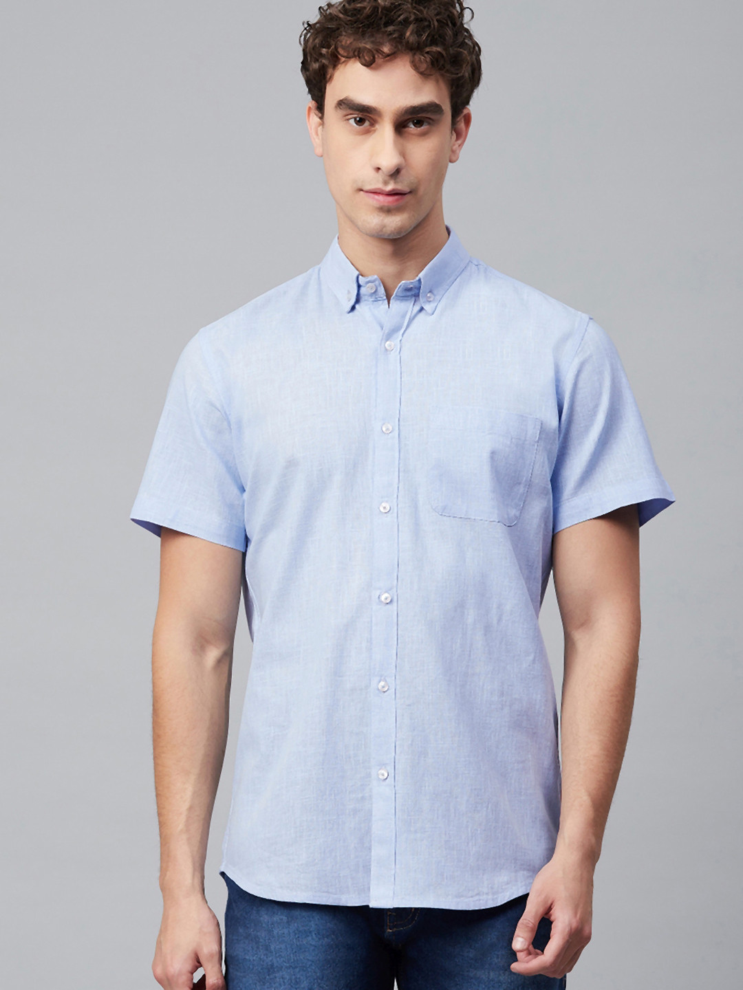 

DENNISON Men Blue Smart Slim Fit Solid Cotton Linen Casual Shirt