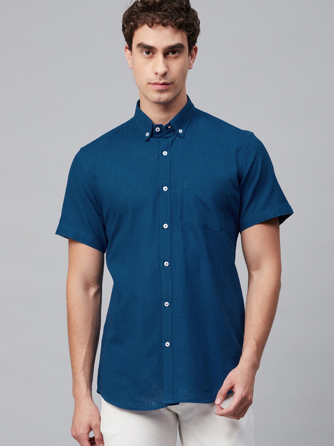

DENNISON Men Blue Smart Slim Fit Solid Cotton Linen Casual Shirt