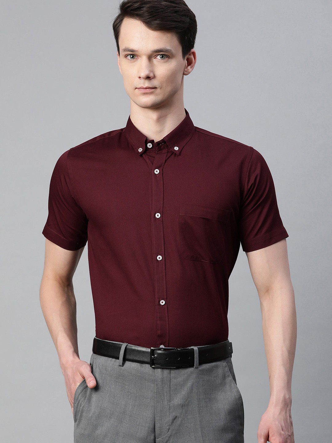 

DENNISON Men Burgundy Solid Pure Cotton Smart Slim Fit Formal Shirt