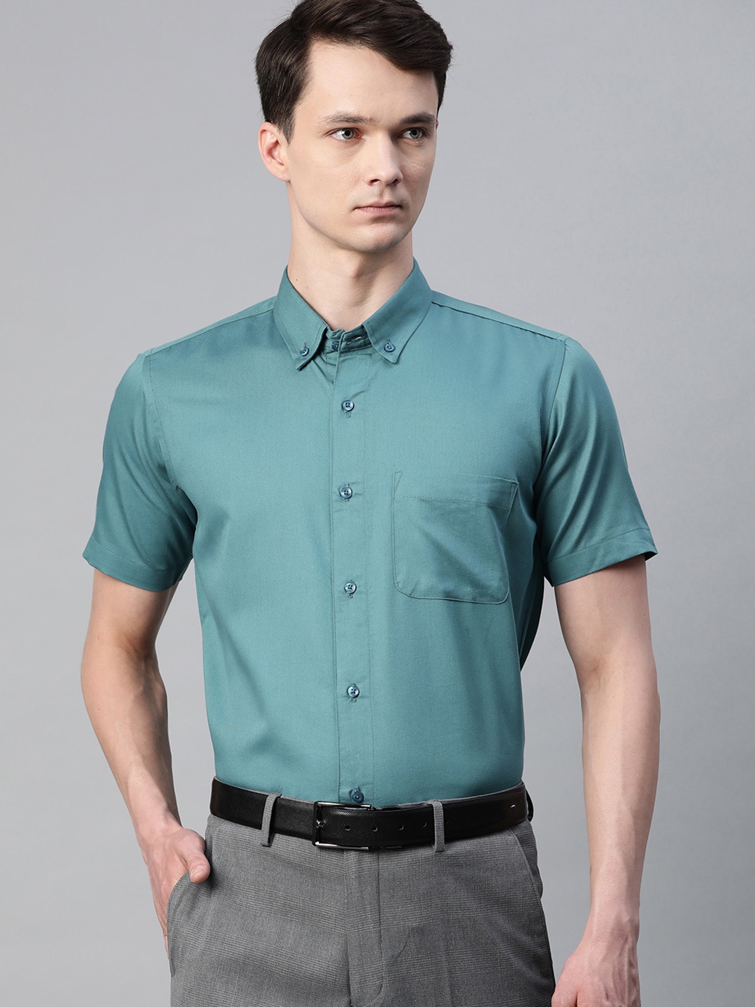 

DENNISON Men Teal Blue Twill Weave Cotton Smart Slim Fit Solid Formal Shirt