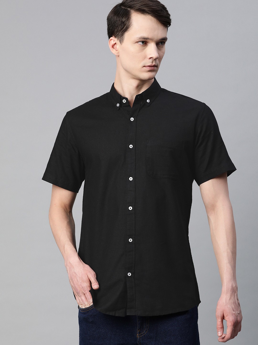 

DENNISON Men Black Solid Smart Slim Fit Cotton Linen Casual Shirt
