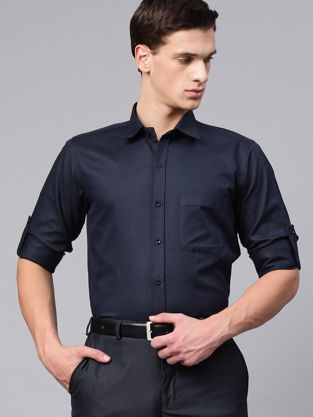 

DENNISON Men Navy Blue Twill Weave Cotton Smart Slim Fit Solid Formal Shirt