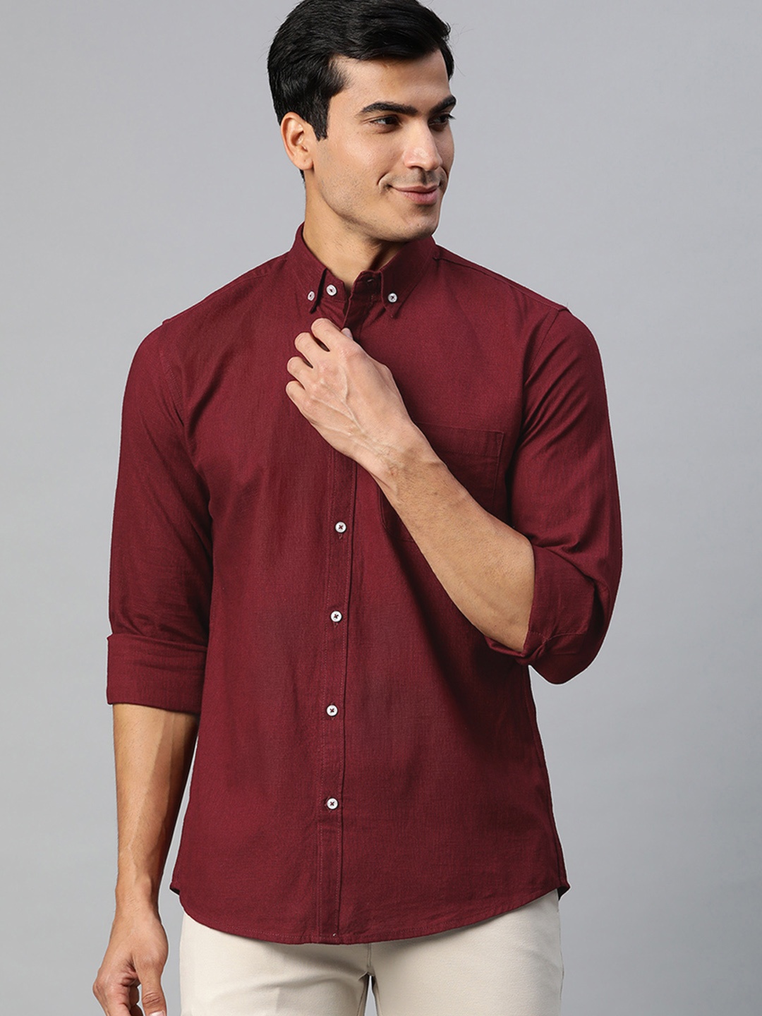 

DENNISON Men Maroon Smart Slim Fit Solid Cotton Linen Casual Shirt