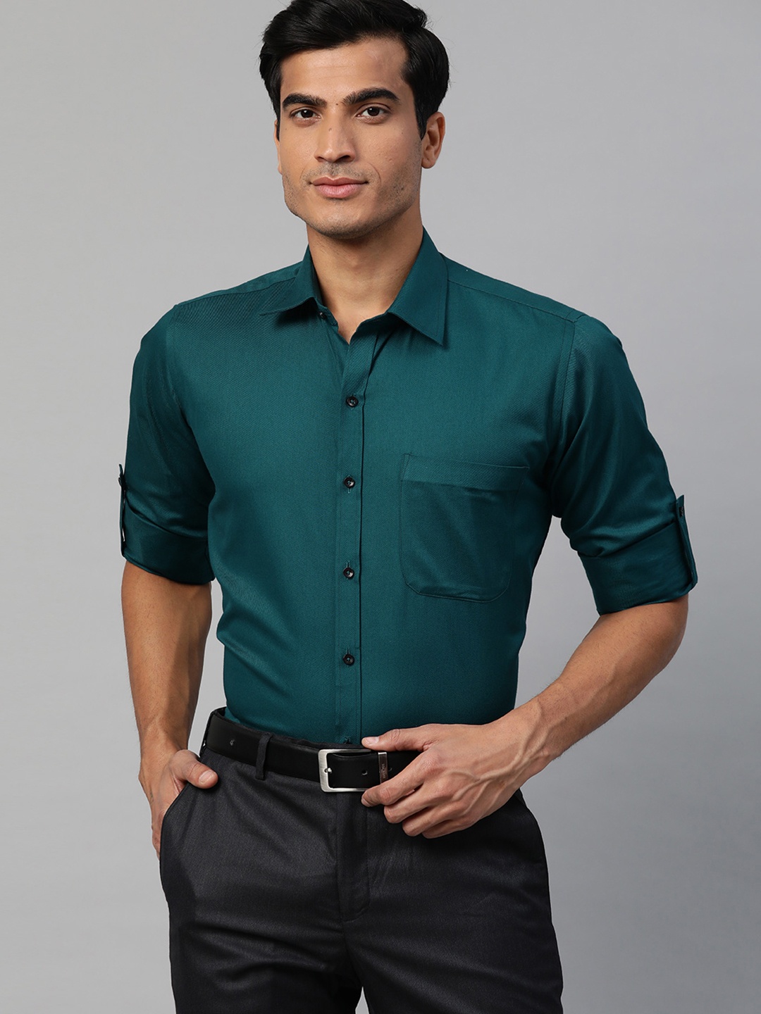 

DENNISON Men Teal Green Solid Pure Cotton Smart Slim Fit Formal Shirt