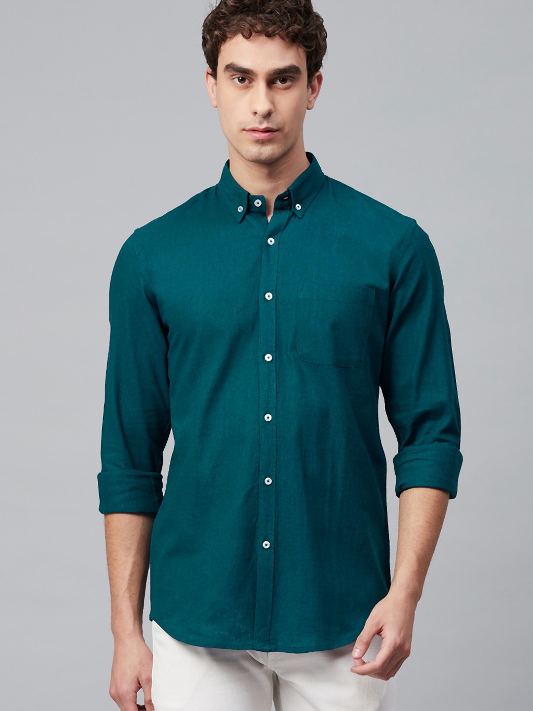 

DENNISON Men Teal Blue Smart Slim Fit Solid Cotton Linen Casual Shirt