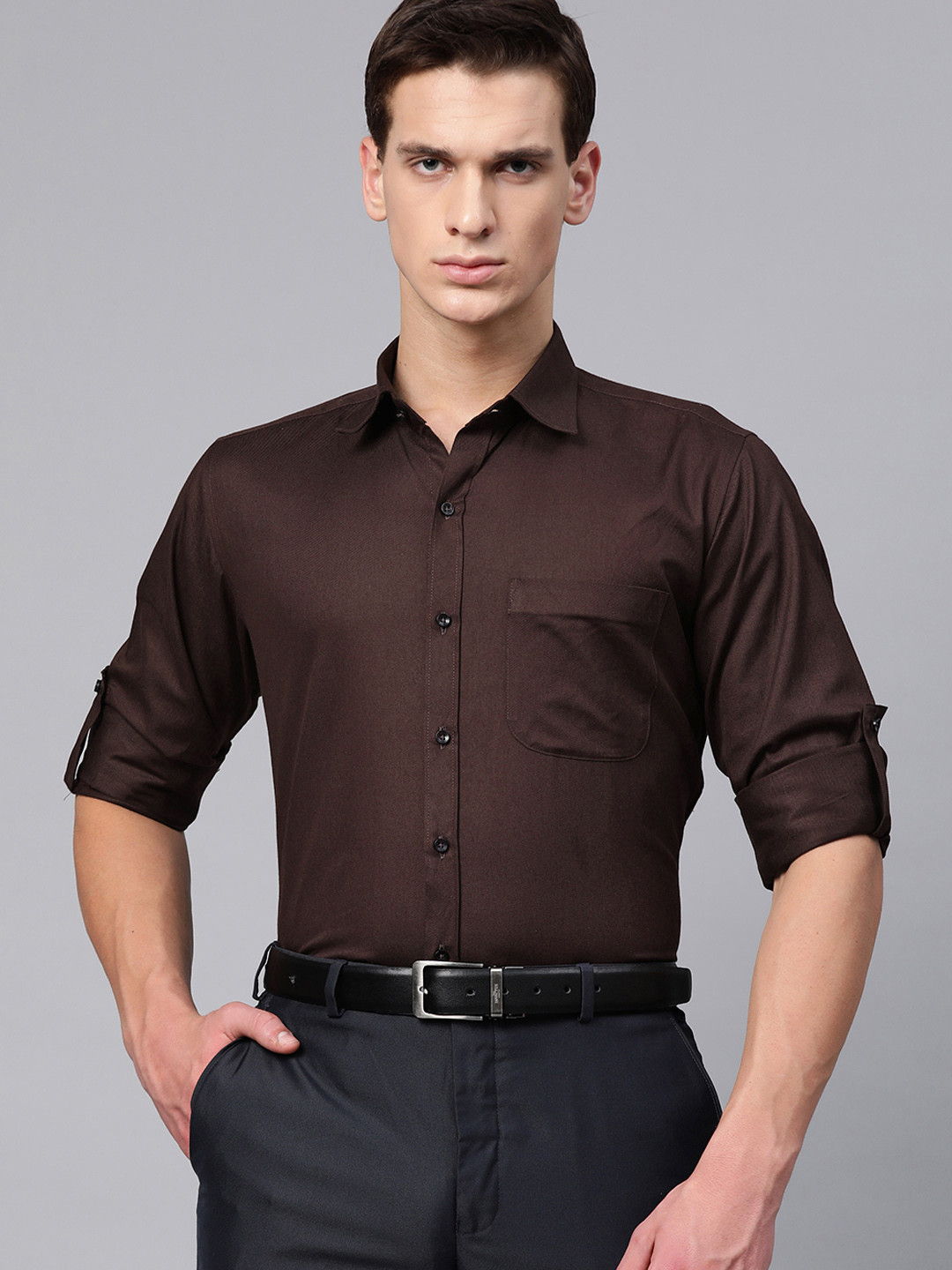 

DENNISON Men Coffee Brown Twill Weave Cotton Smart Slim Fit Solid Formal Shirt