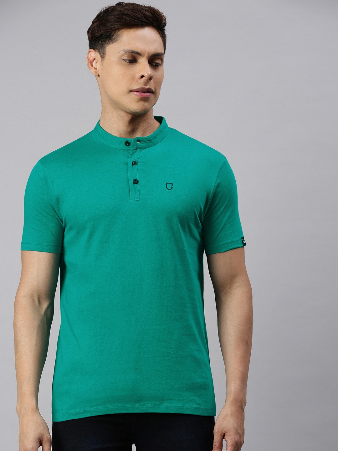 

Urbano Fashion Men Teal Green Slim Fit Solid Mandarin Collar Pure Cotton T-shirt