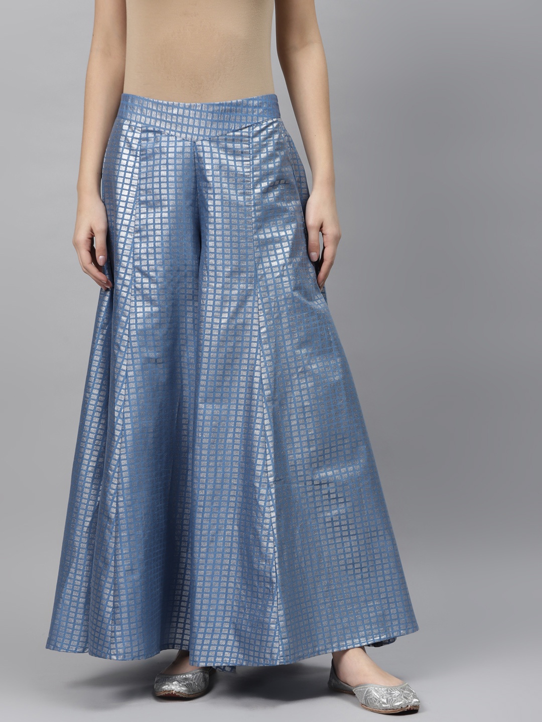 

AURELIA Women Blue & Silver Printed Flared Palazzos