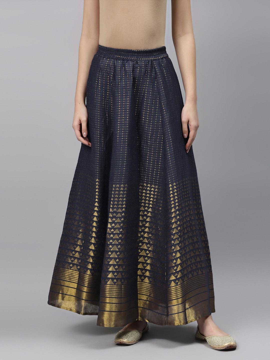 

AURELIA Women Navy Blue & Golden Woven Design Flared Maxi Skirt