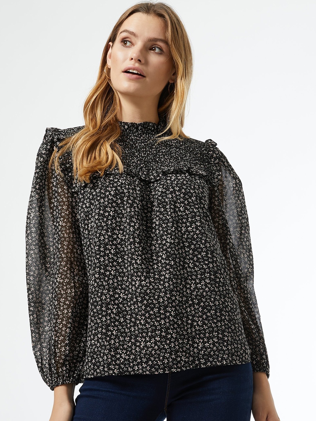

DOROTHY PERKINS Women Black & Off-White Floral Printed Top