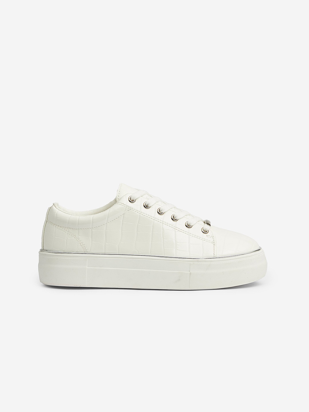 

DOROTHY PERKINS Women White Croc-Textured Flatform Sneakers