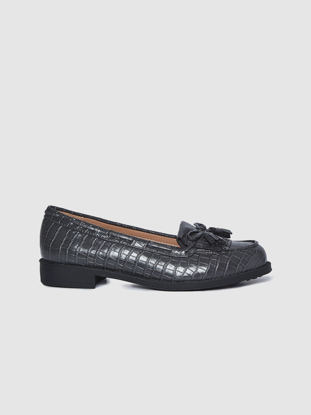 

DOROTHY PERKINS Women Charcoal Grey Snakeskin Textured Boat Shoes