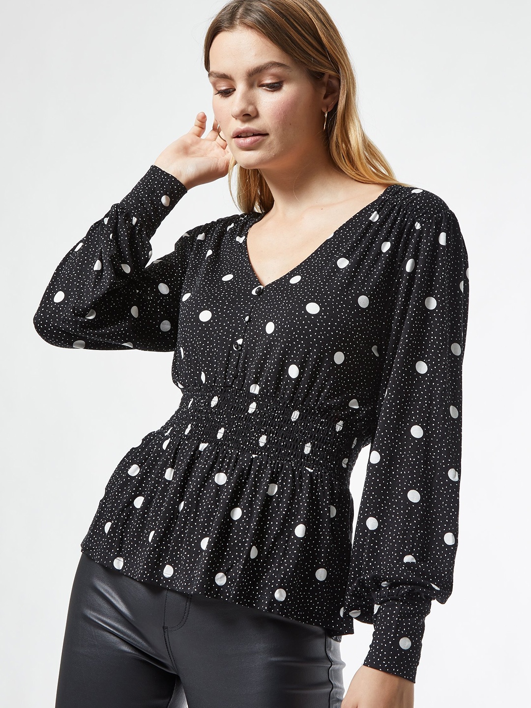 

DOROTHY PERKINS Women Black & White Knitted Polka Dots Printed Cinched Waist Top