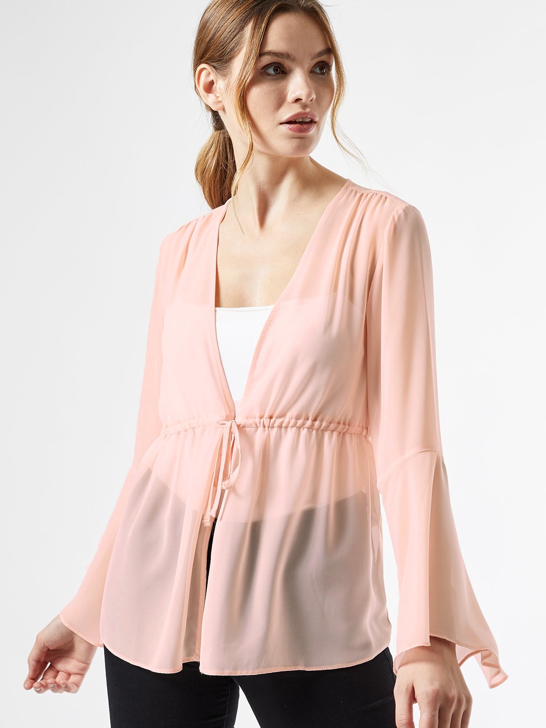 

DOROTHY PERKINS Women Peach-Coloured Solid Semi-Sheer Tie-Up Shrug