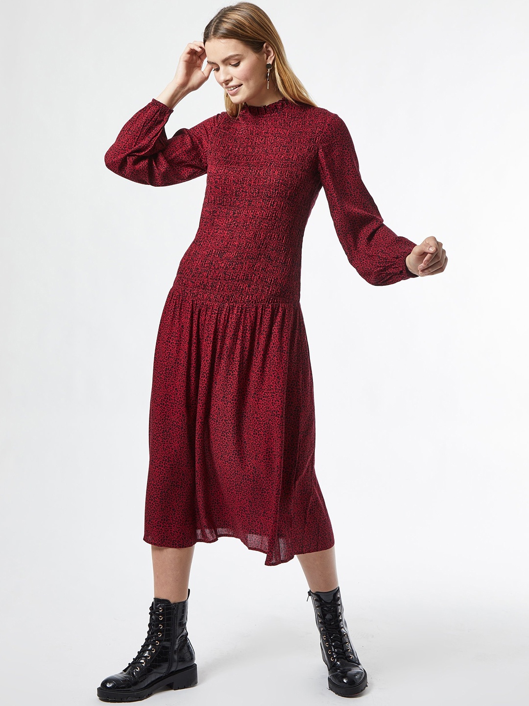 

DOROTHY PERKINS Women Red & Black Animal Print Smocked Tiered A-Line Dress