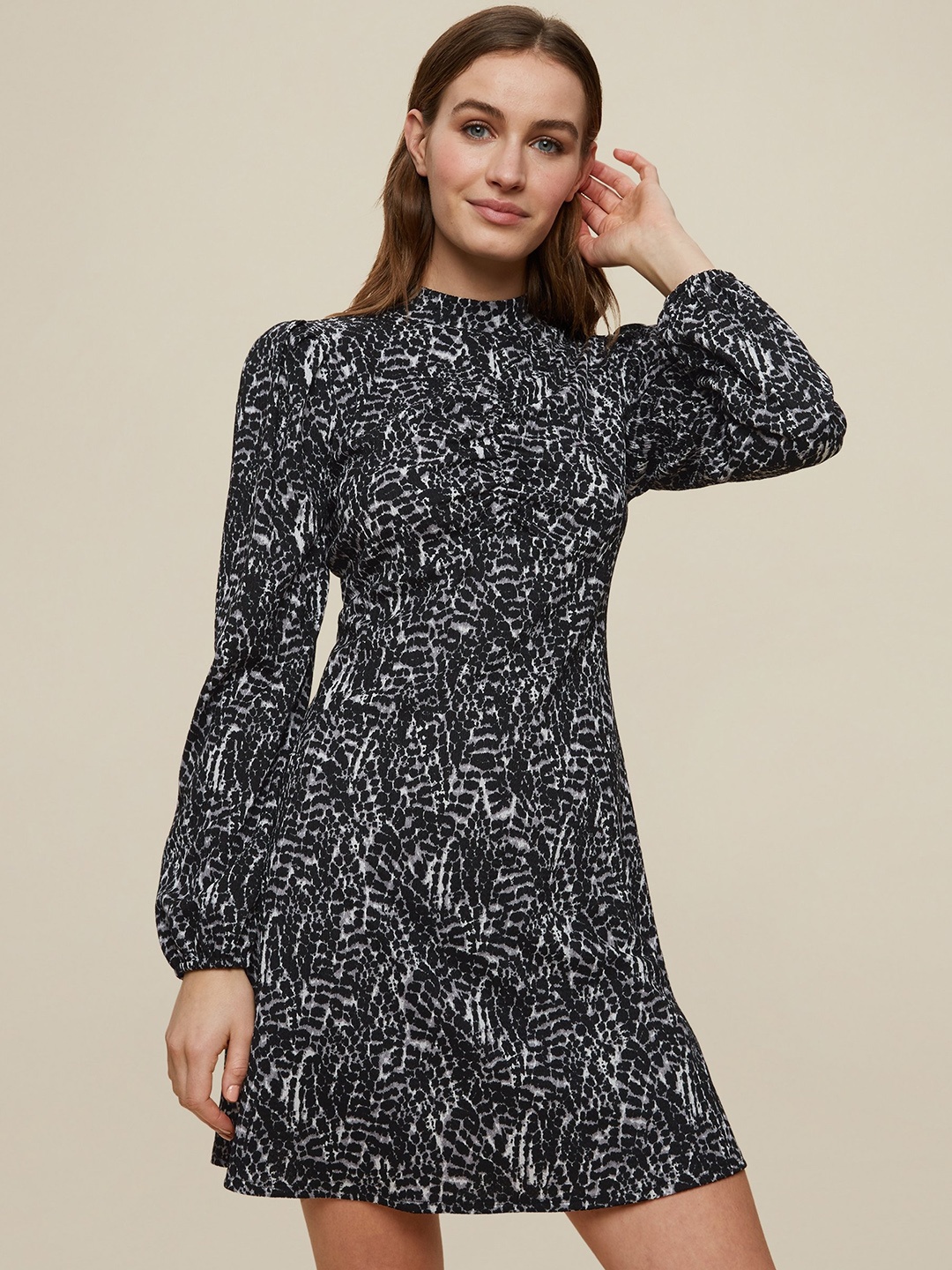 

DOROTHY PERKINS Women Black & Off-White Printed A-Line Dress