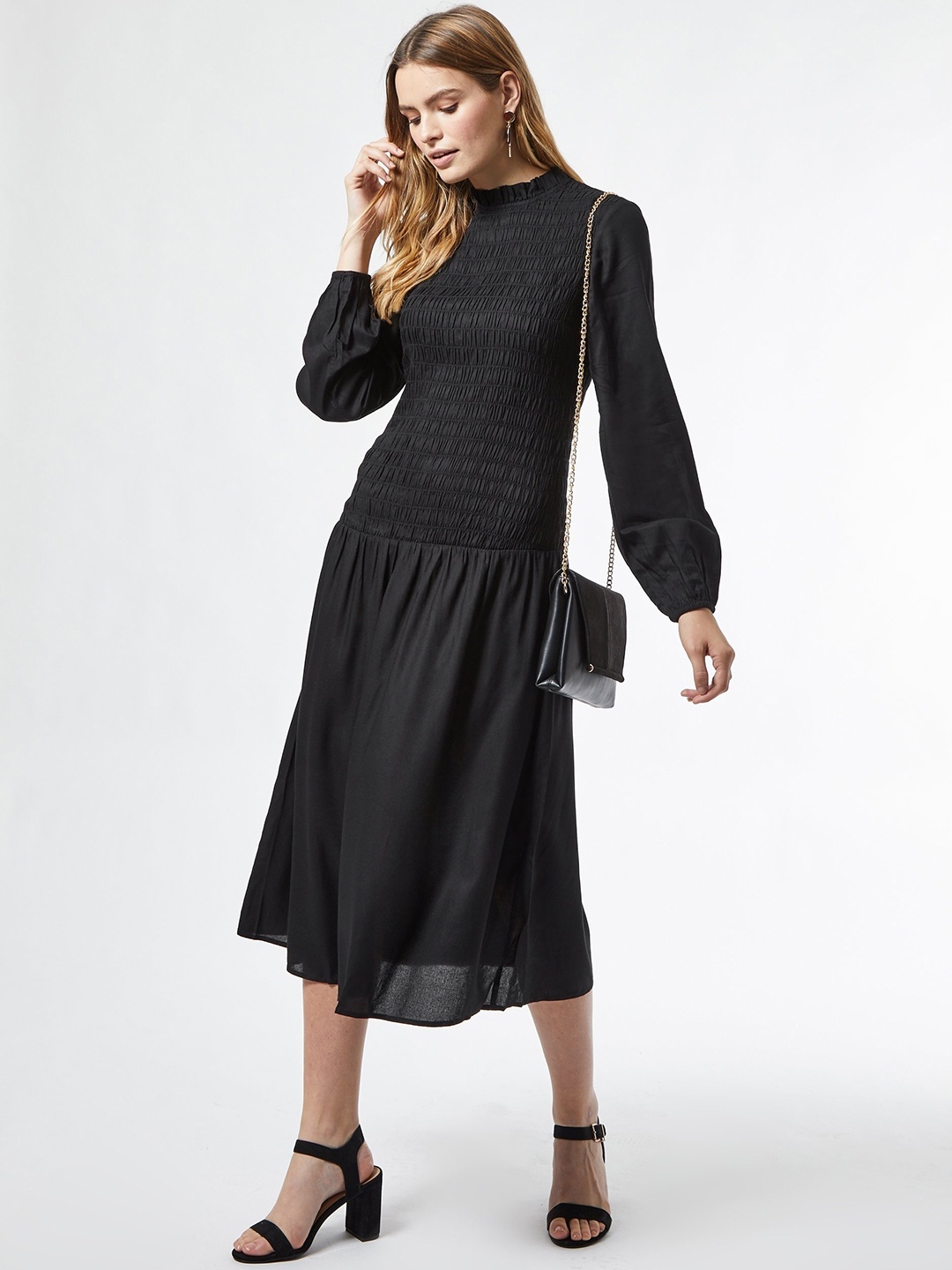 

DOROTHY PERKINS Women Black Smocked Solid Fit and Flare Dress