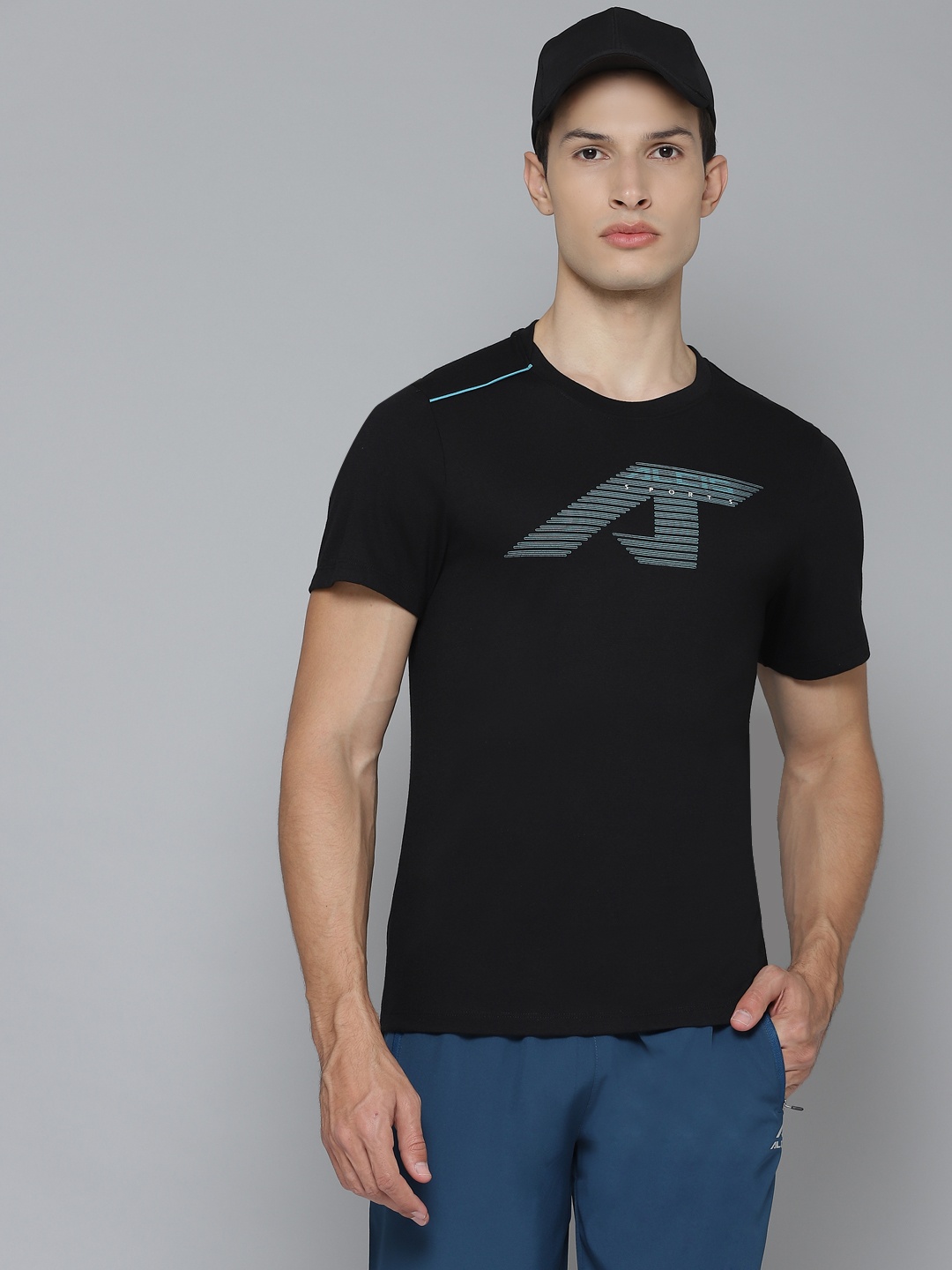 

Alcis Men Black & Blue Brand Logo Printed Round Neck Sports T-shirt